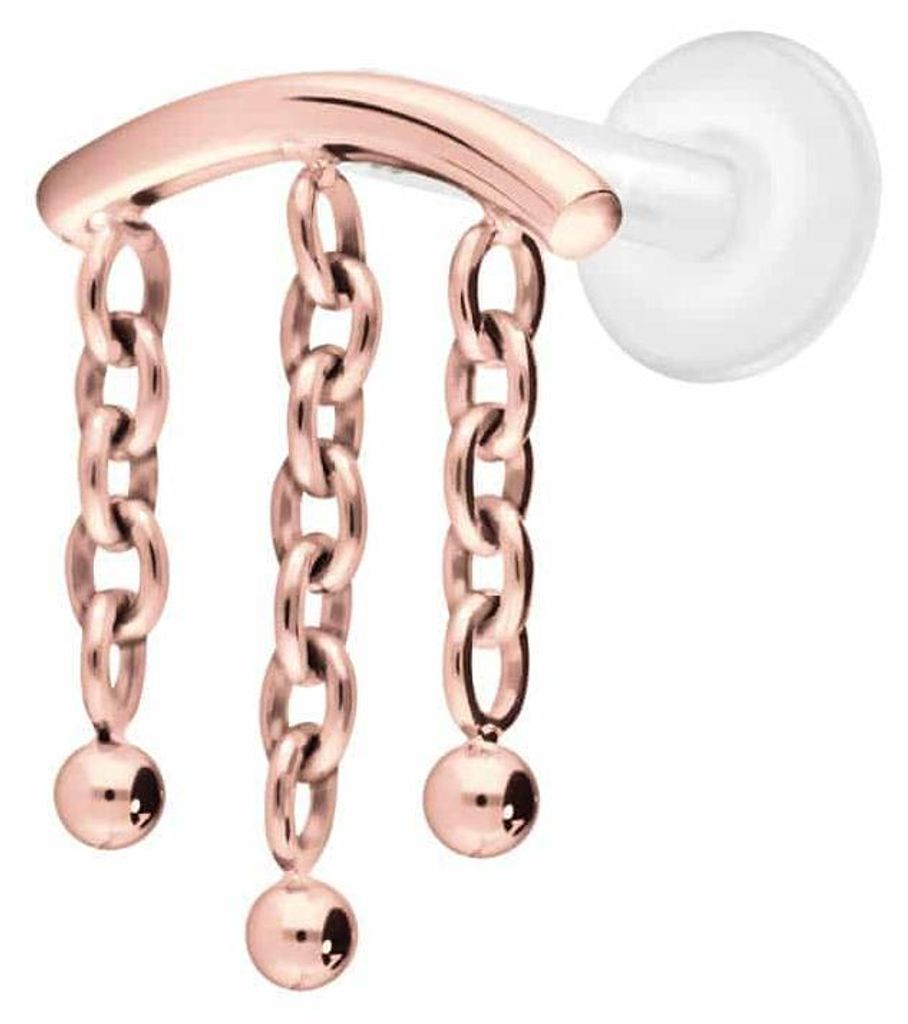 Ohrpiercing, Nasenpiercing PTFE Labret mit Innengewinde + Titan-Aufsatz BOGEN + 3 KETTEN RoséGold Stablänge: 9mm | Stabstärke: 1,2mm