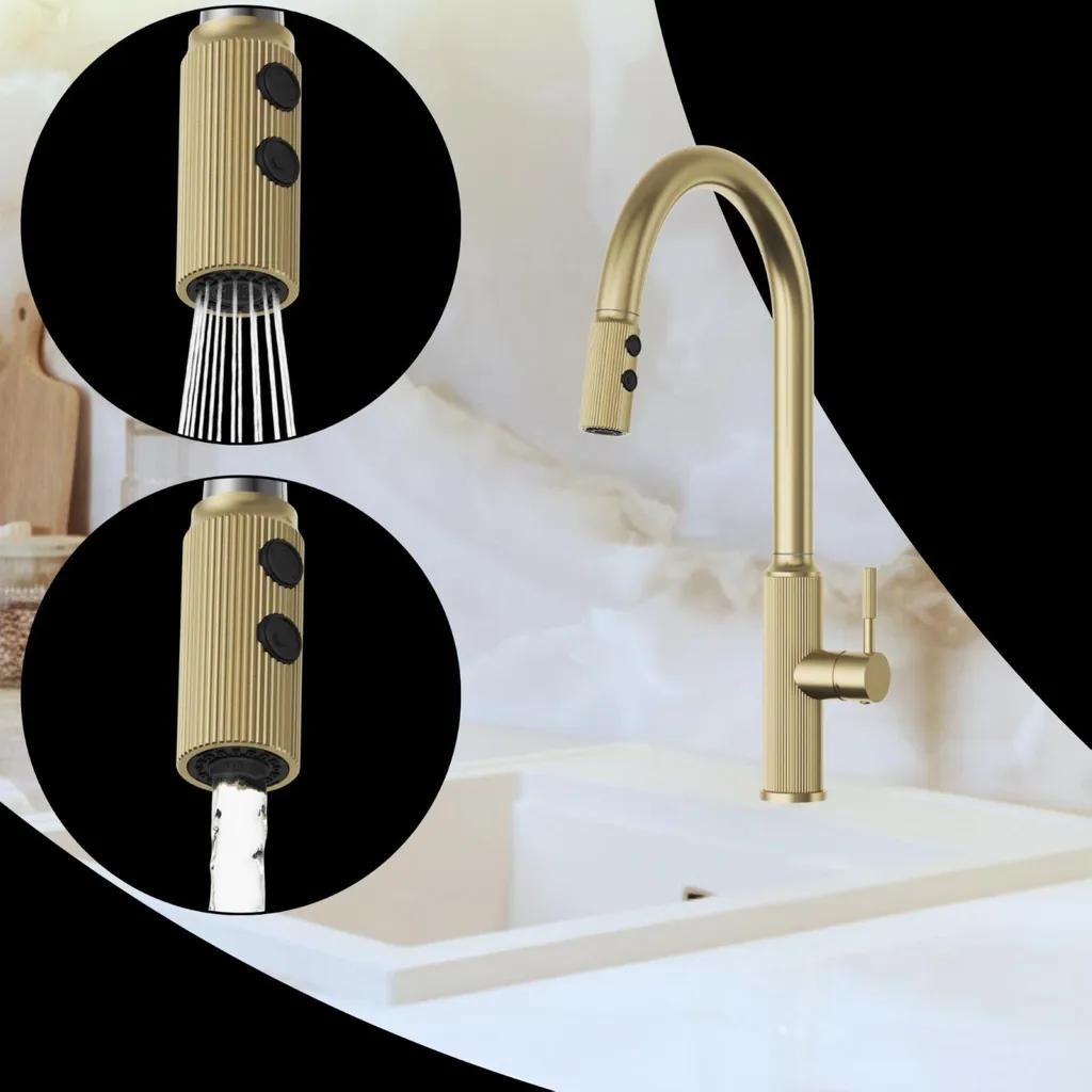 Robinet cuisine douchette abaissement et bec flexible or LUNA - 3