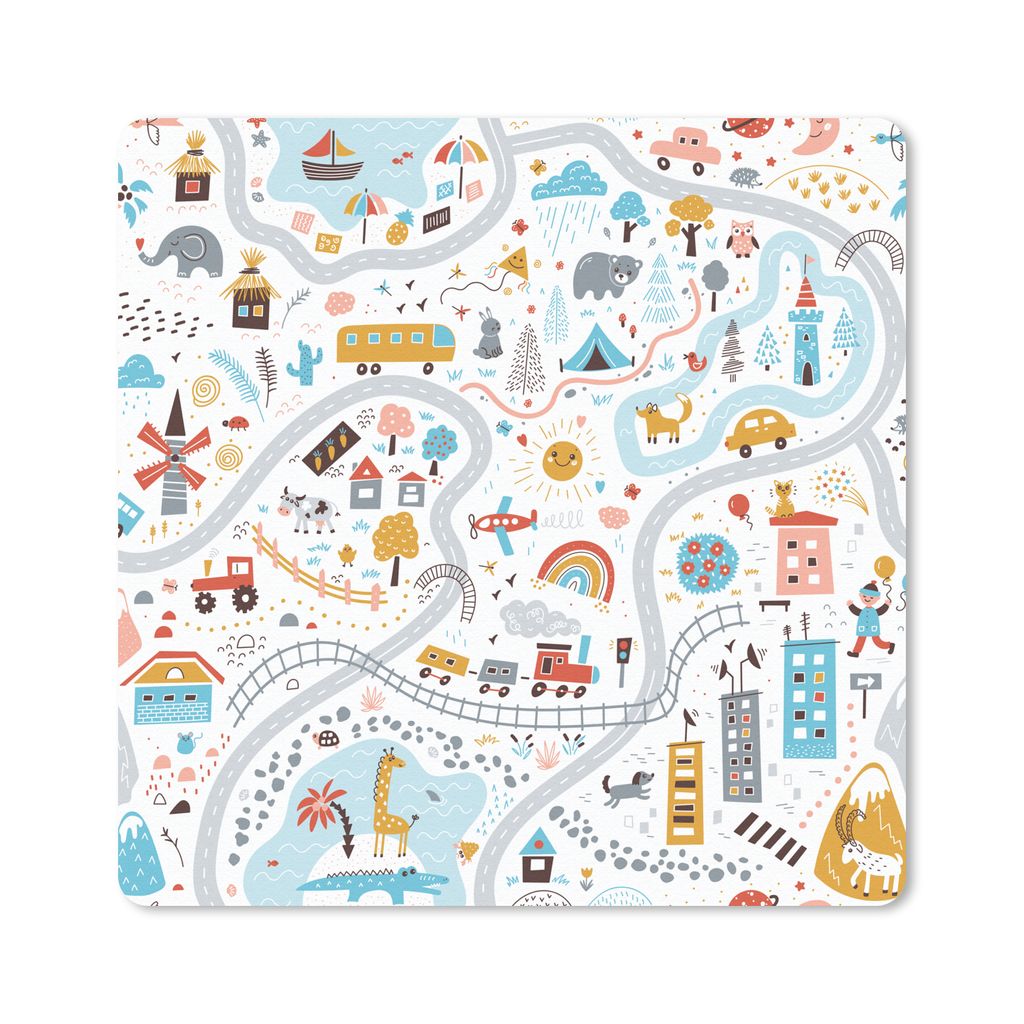 MuchoWow Mauspad Mousepad Kinder - Auto - Stadt - Tiere 20x20 cm - Mousepads - Maus Mat - Pad - Mausunterlage - Desk Mat - Bureauartikeln