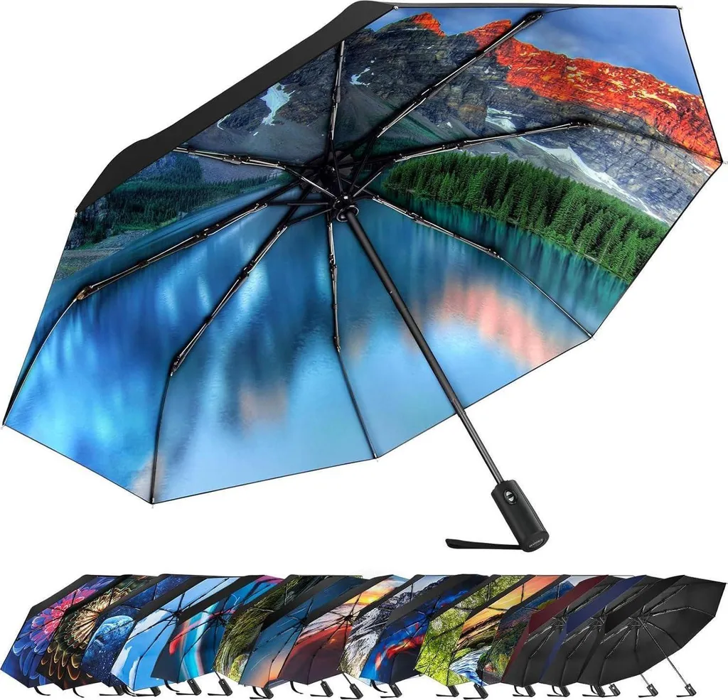 Parapluie Anti-UV Pliable à Motifs Fleurs avec Structure Coupe-vent