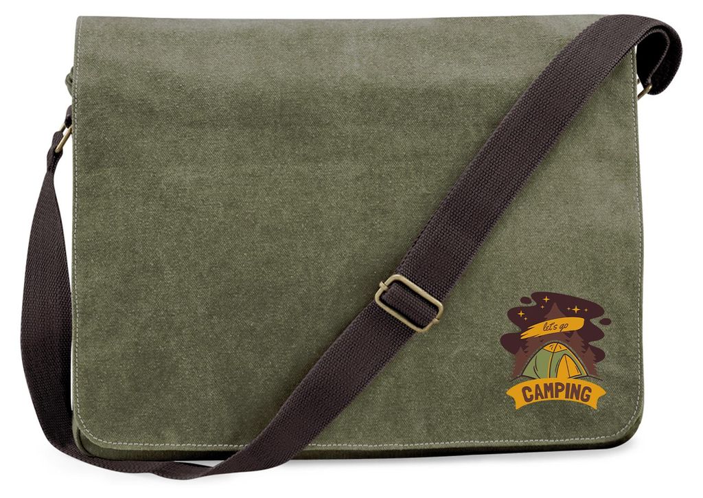 Huuraa Umhängetasche let ́s go camping Zelt 14 Liter Military Green Canvas Laptoptasche Geschenkidee