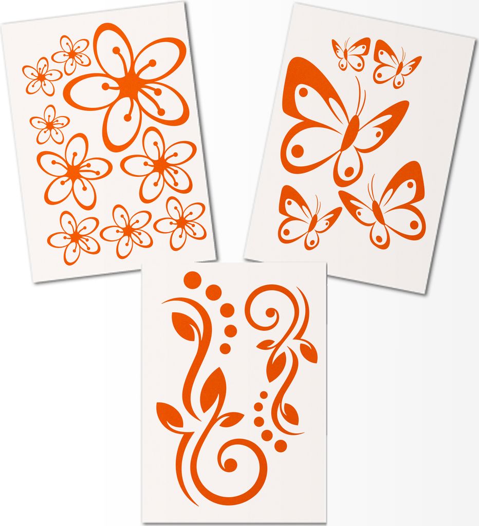 Hibiskus Schmetterling Blüten Ornament SET I - orange - 40x30cm - Wall Sticker Wandtattoo Wandaufkleber - Dekoration, Küche, Wohnzimmer, Schlafzi...