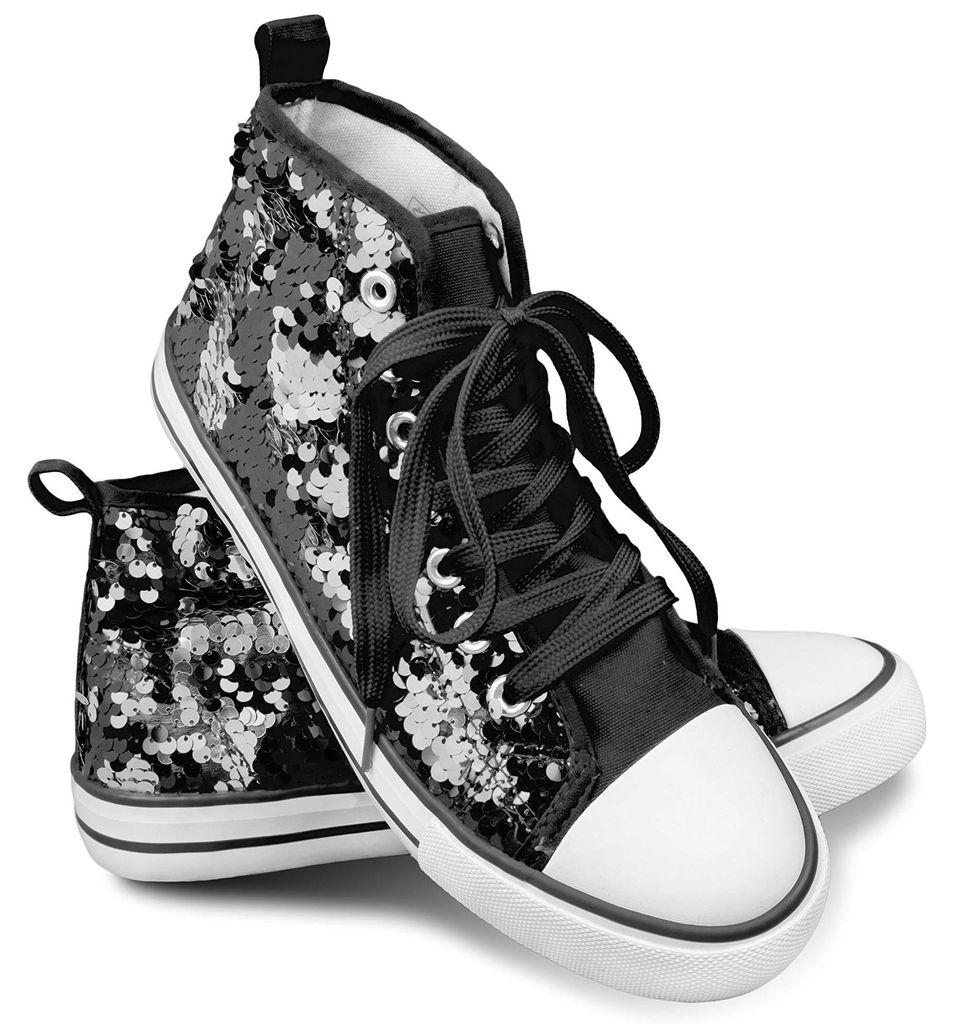 Wendepailletten Sneaker High Top in 17 Farben für Party, Festival & Kostüm | Schwarz/Silber, 42
