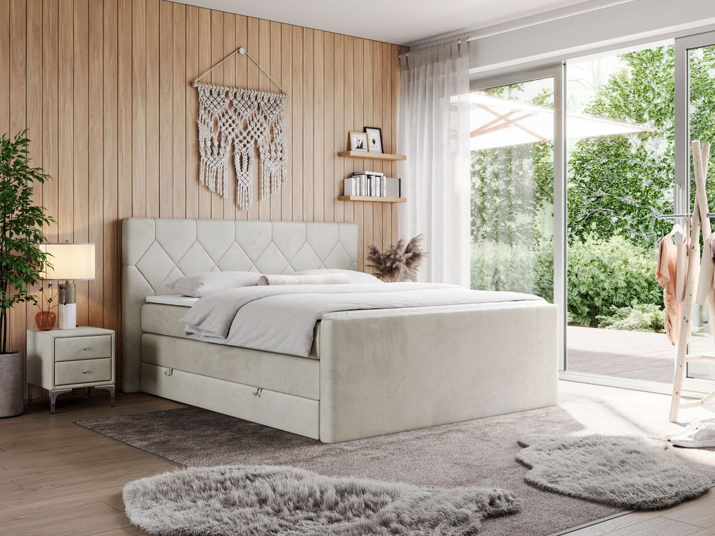 Boxspringbett mit Doppelmatratzen, zwei Bettkästen, Topper, fur Schlafzimmer - KING EIGAR - 200x200cm - Beige - H3