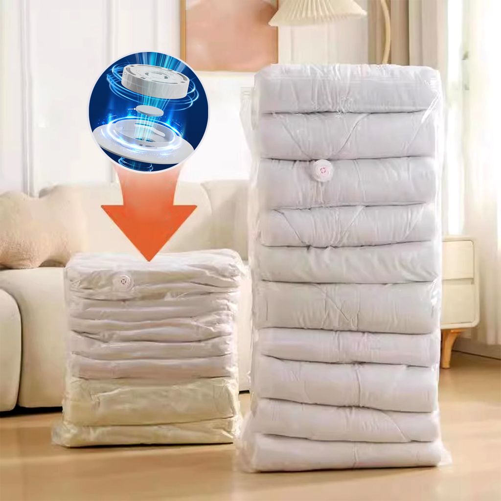 Vacuum storage bags filled with bedding are shown, demonstrating space-saving. An inset graphic illustrates the vacuum pump in use.