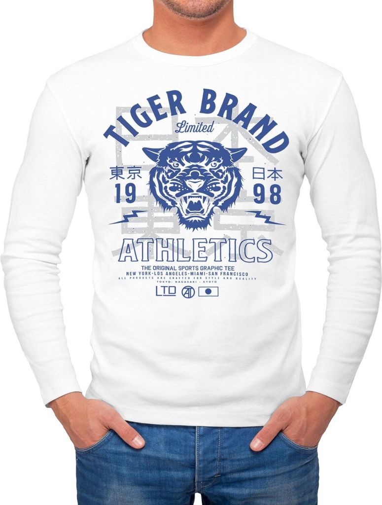 Cooles Herren Longsleeve Langarm Shirt Tiger Brand Tokyo Supply Japan Athletic Sport Muskelshirt Muscle Shirt Neverless weiß-blau M
