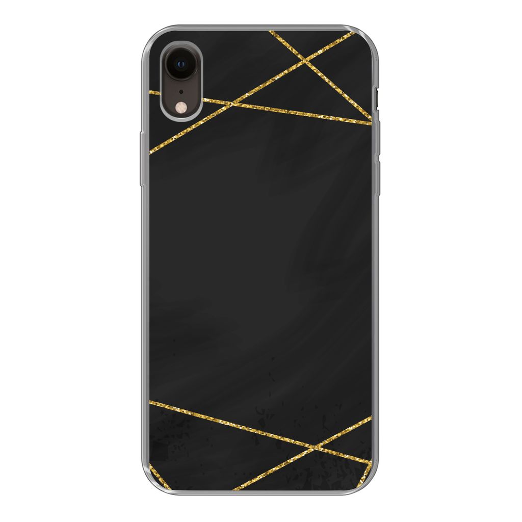 MuchoWow Handyhülle Schutzhülle Hülle für iPhone XR Geometrisches Muster aus goldenen Linien auf schwarzem Hintergrund Silikon Softcase Handy...