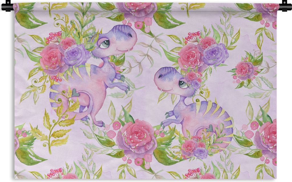 MuchoWow Wandteppich Wandbehang Dinosaurier - Blumen - Kinderzimmer - Mädchen - Rosa - Mädchen 120x80 cm Tapisserie Dekoration Wandtuch - Wandd...