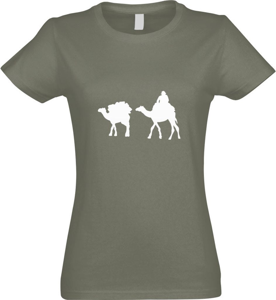 Kiwistar - T-Shirt tailliert - Damen - Olive - Karawane - Kamele - Wüste - mit Motiv Bedruckt - Funshirt Design - Sport - Freizeit - Damen - XL