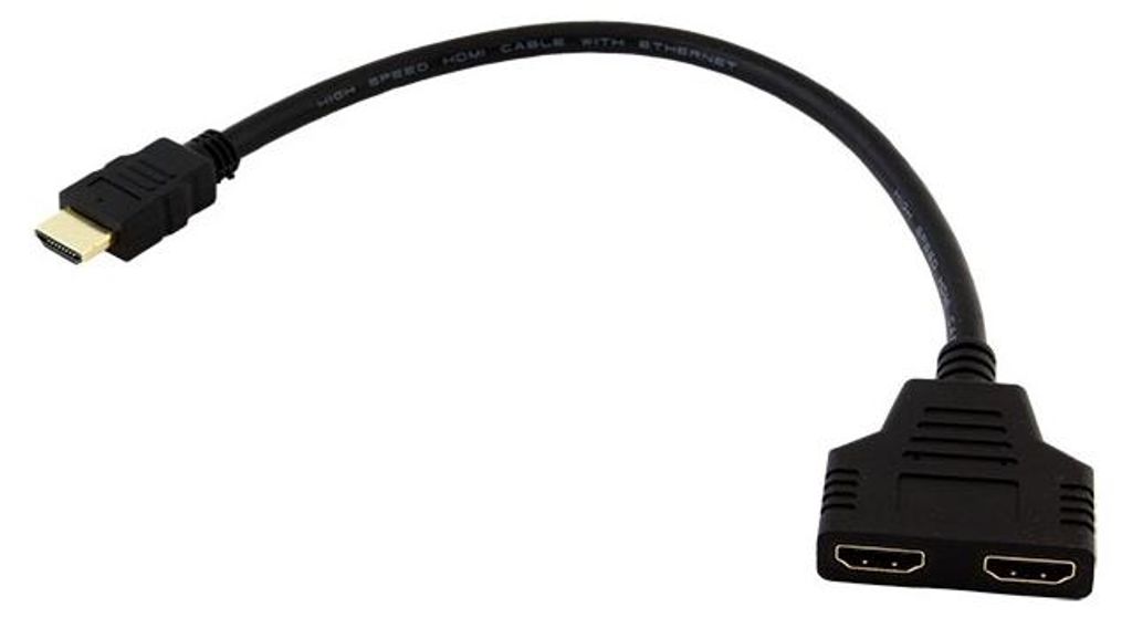 A black HDMI splitter cable with one input and two outputs, shown against a white background.