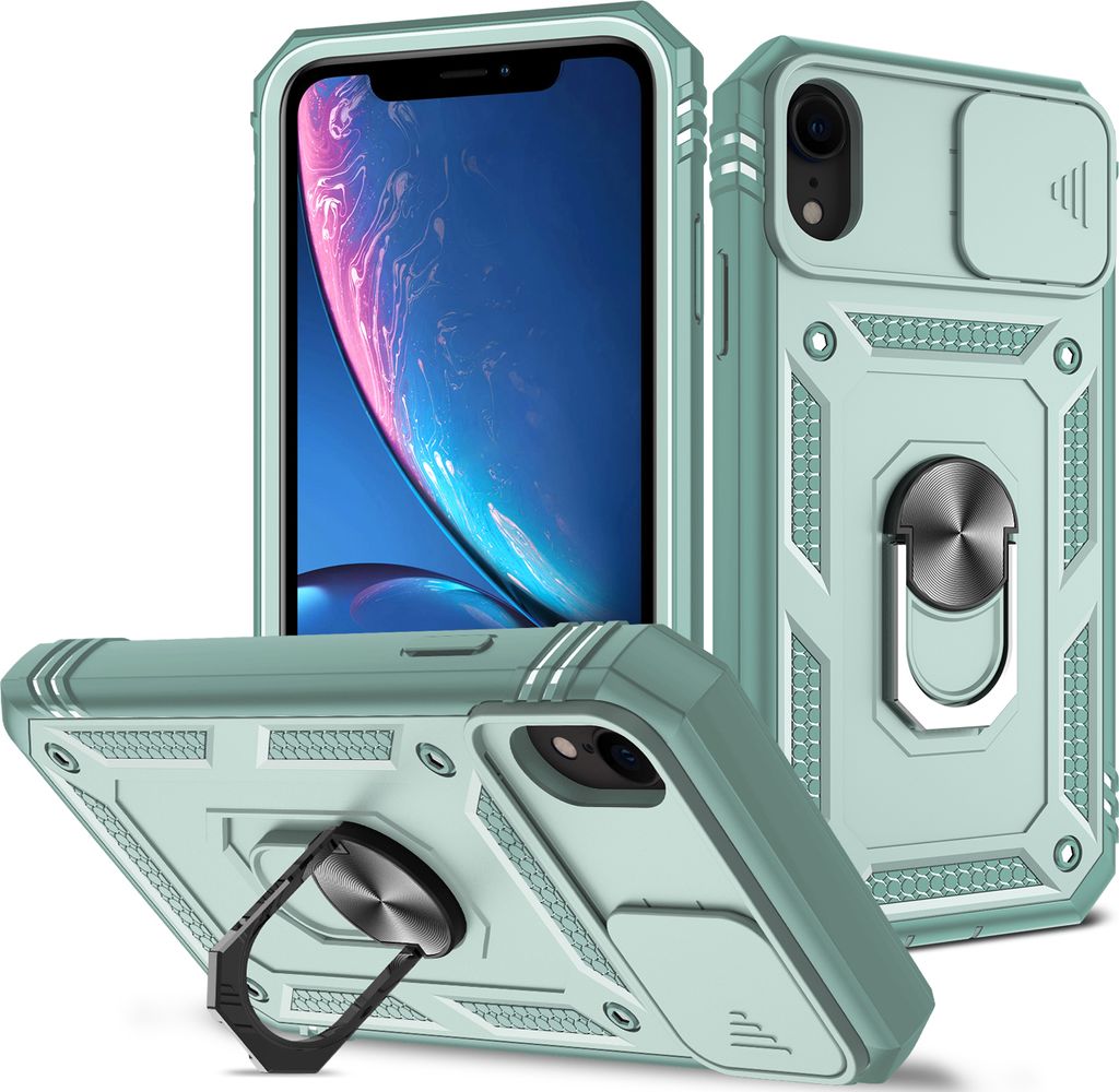 iPhone XR Hülle, Schiebe Kamera Schutz Robust Stoßfest Schutzhülle mit Ringhalterung Ständer Kartenhalter für iPhone XR Grün