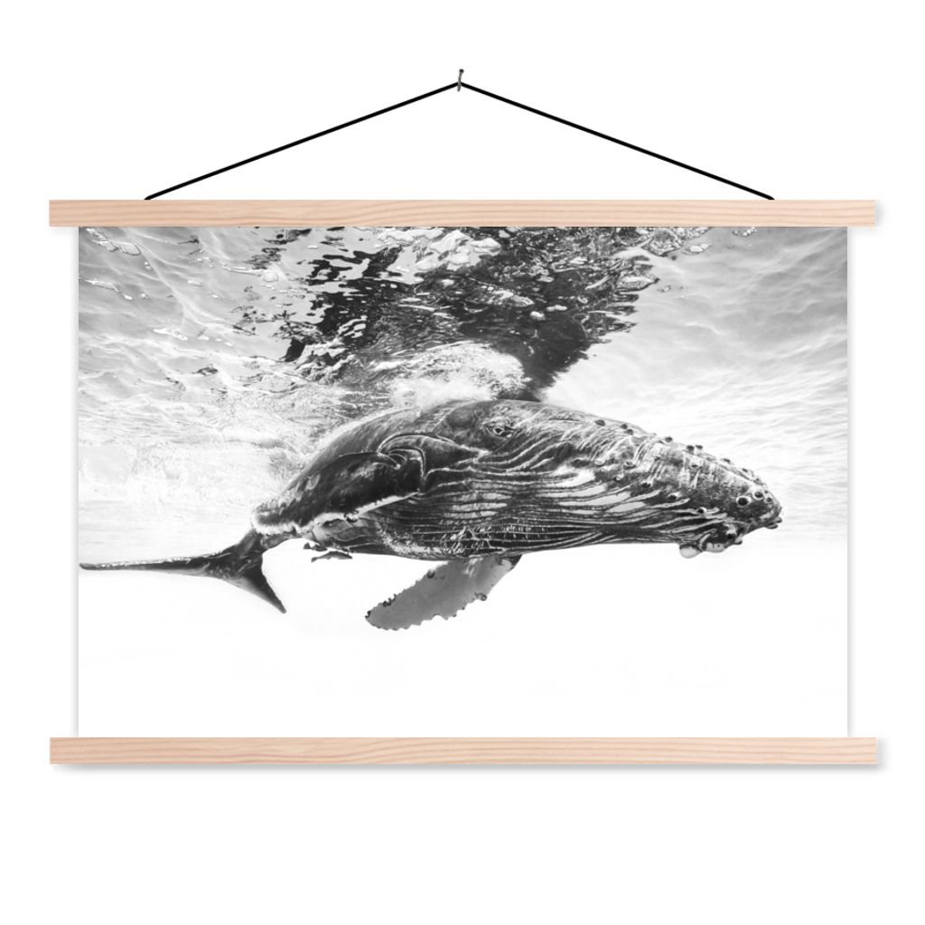 MuchoWow Textilposter Wal - Wasser - Tiere - Schwarz und weiß 120x80 cm mit holzfarbenen Rahmen - Aufhängeset