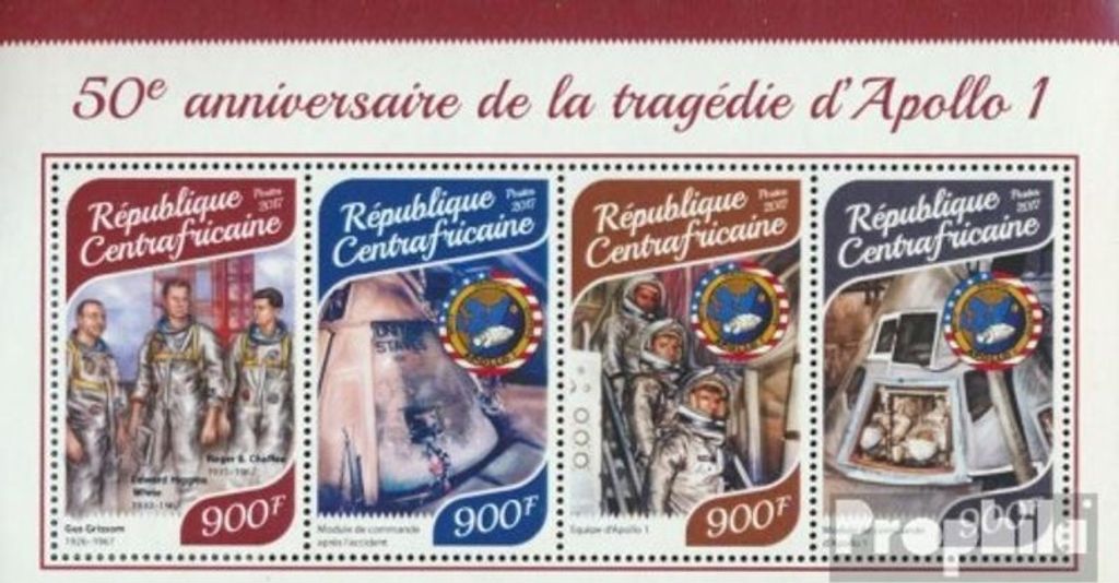 Briefmarken Zentralafrikanische Republik 2017 Mi 7535-7538 Kleinbogen (kompl. Ausgabe) postfrisch Apollo 1