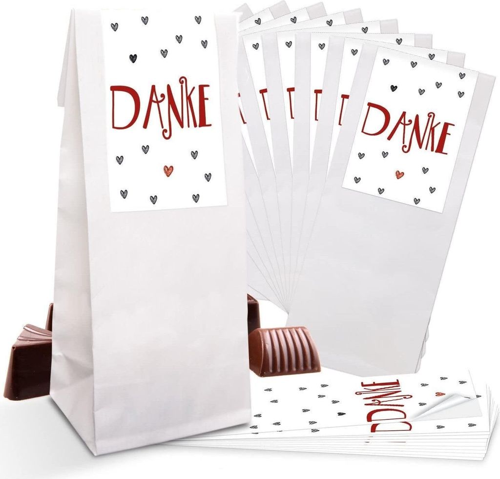 Weiße Blockbodenbeutel mit Folieneinlage 7 x 4 x 20,5 cm – mit Banderolen „Danke“ & „Schön, dass du da bist“"Danke" rote Herzen / 25 St...