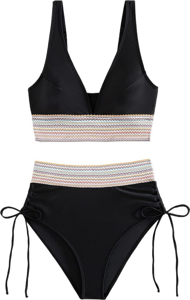 Bikini Sets für Damen Highwaist-Bikini-Hose Bauch Kontrolle Badeanzug Schwarz XXL