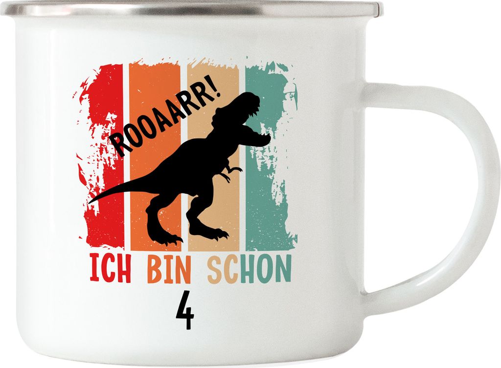 Roooaarr Ich Bin 4 Emaille Tasse Dinosaurier Dino T-Rex Geburtstagskind Geschenkidee