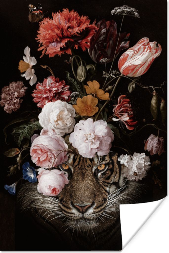 MuchoWow Poster Blumen - Jan Davidsz de Heem - Tiger - Gemälde - Stillleben - Alte Meister 80x120 cm - Papierdruck