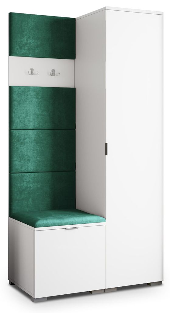 Masseno Garderobe-Set LORI 95/181/51 cm Modern Garderobenschrank Weiß, Veloursstoff MONOLITH 37 (Grün)