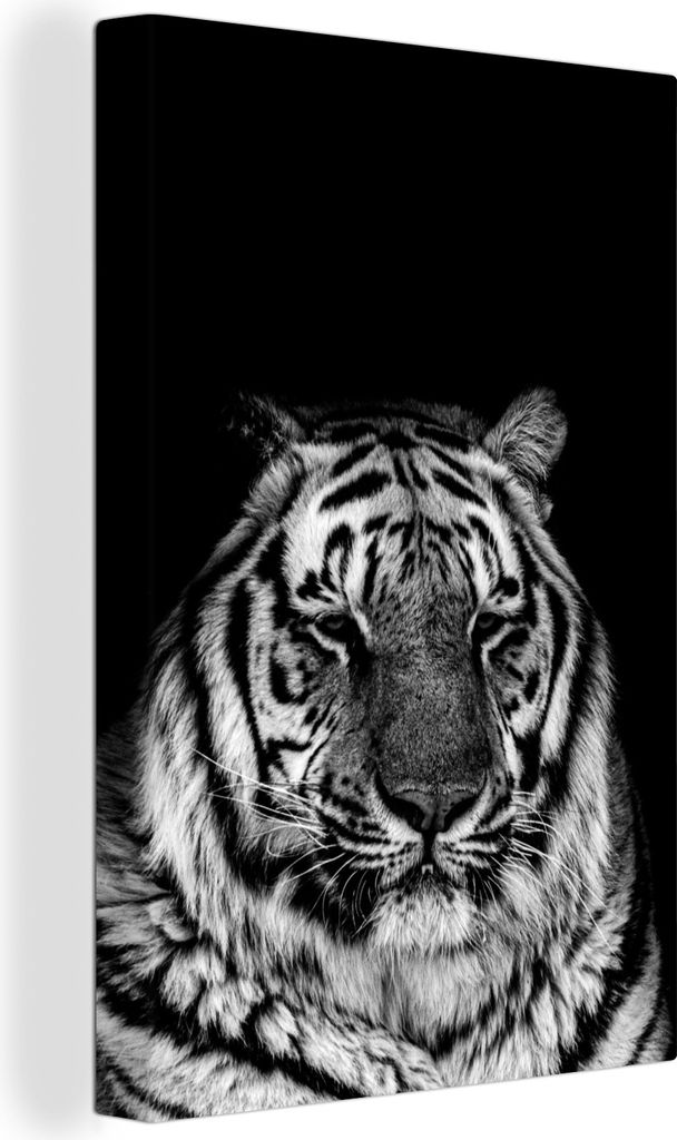 OneMillionCanvasses - Leinwandbilder - 90x140 cm, Schläfriger Tiger auf schwarzem Hintergrund - schwarz und weiß, Wandbilder Kunstdruck Wanddek...