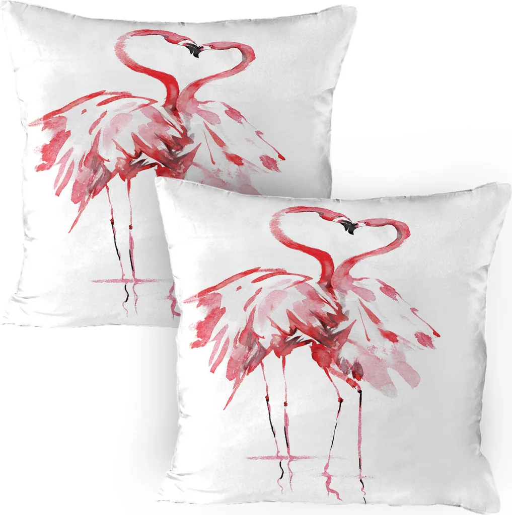 ABAKUHAUS Federa per cuscino Flamingo Confezione da 2, coppia di fenicotteri, La passione romantica dei partner nell'amore Effetto acquerello Bacio, Federa per cuscino decorativa stampata, 80x80 cm, Corallo scuro Bianco - 1