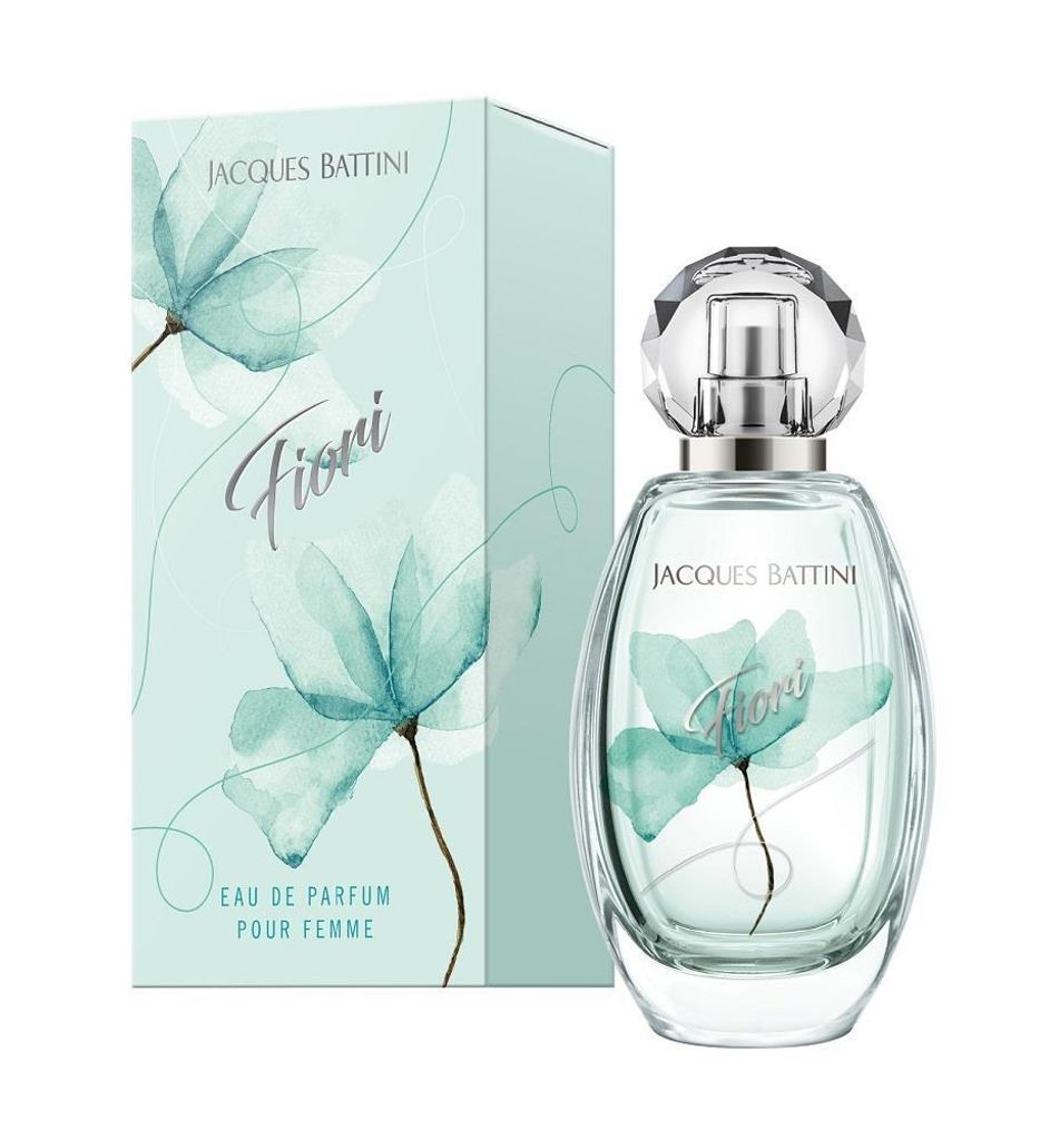 A bottle of Jacques Battini Fiori pour Femme Eau de Parfum and its packaging are displayed against a white background.