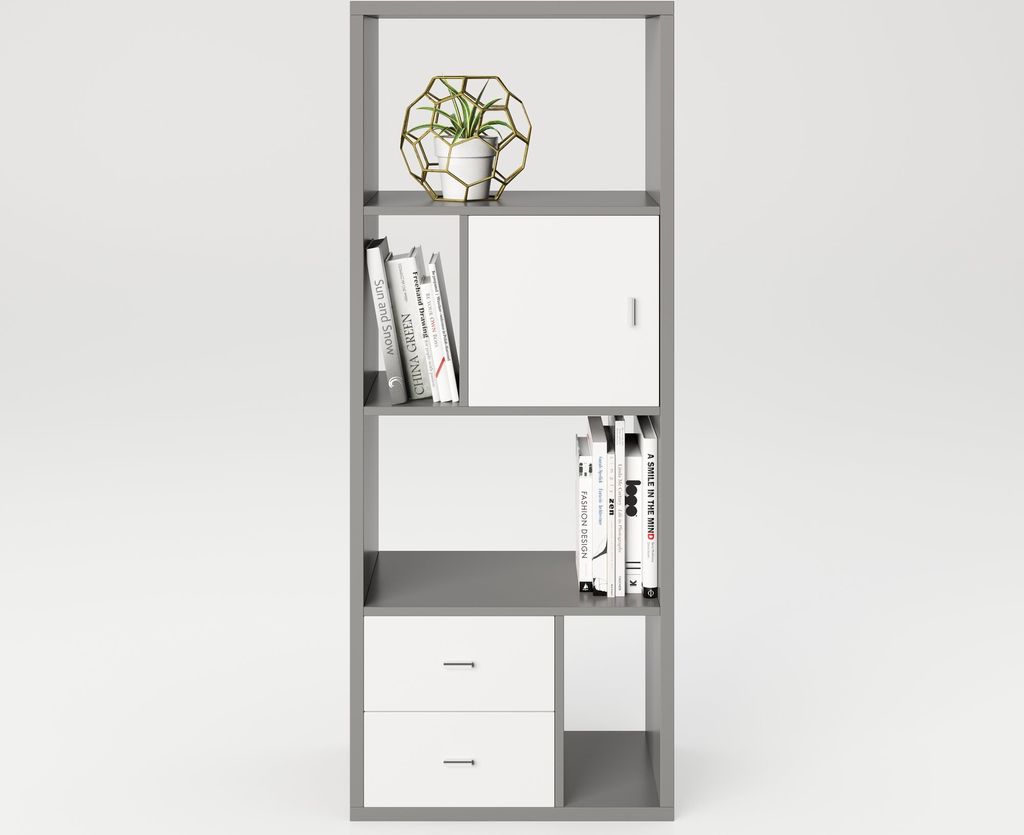 Fortuna - SET Regal mit 6 Fächern inkl. Tür-/Schubladeneinsatz, Bücherregal, Büroregal, Raumteiler , Fächer in asymmetri