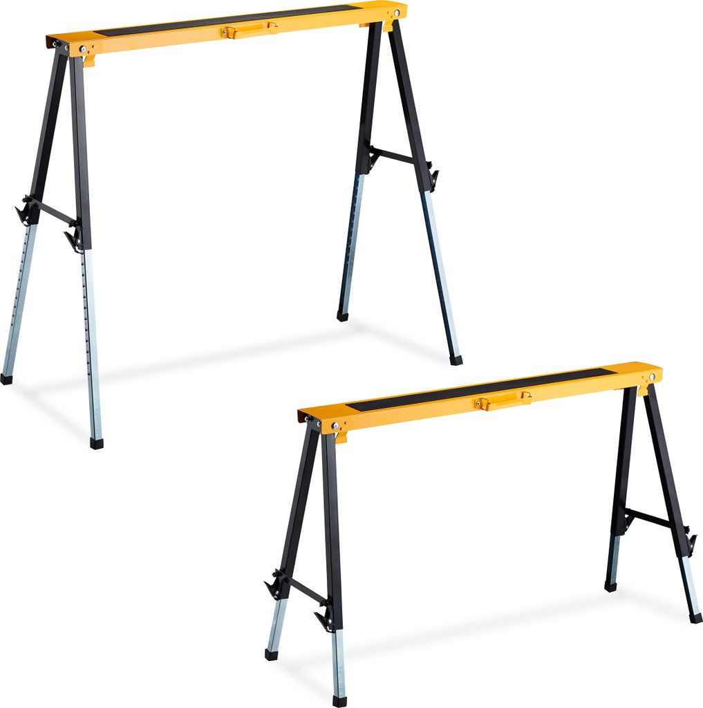 Relaxdays Klappbock, 2er Set, faltbarer Gerüstbock, bis 100kg, Griff, 12-fach höhenverstellbar 64-91,5cm, schwarz-orange