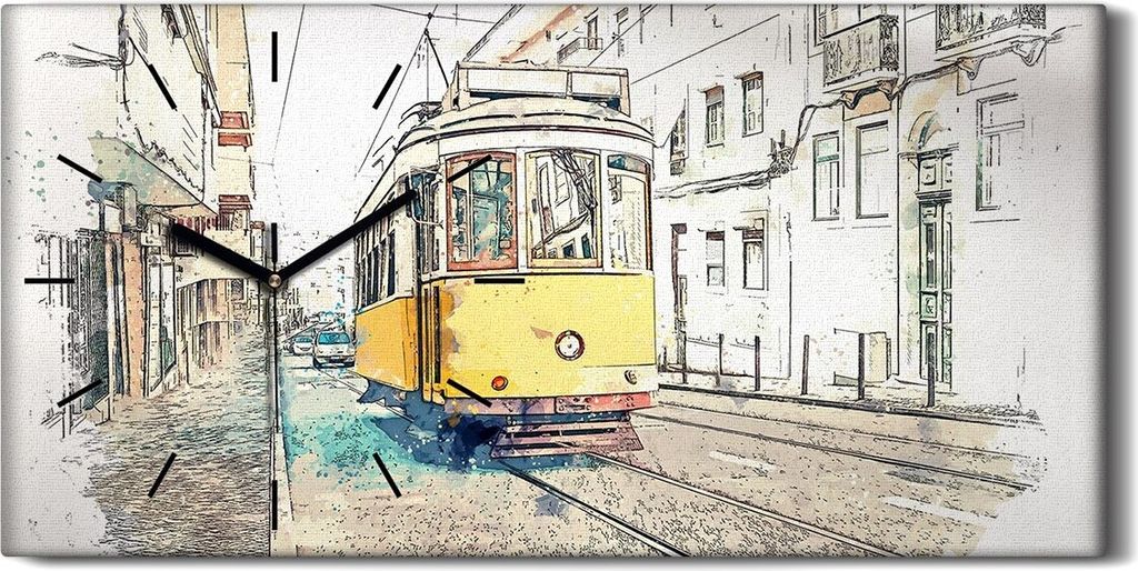 Wanduhr Leinwand Bild Uhr Quarz 60x30 Skizze mit Aquarell Straßenbahn City - schwarze Hände