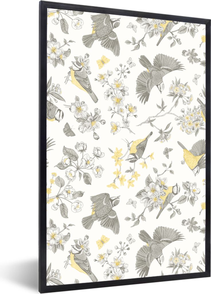 MuchoWow MuchoWow Gerahmtes Poster Blumen - Vogel - Muster 40x60 cm - Poster mit zchwarzem Bilderrahmen - Papierdruck - Wandbilder