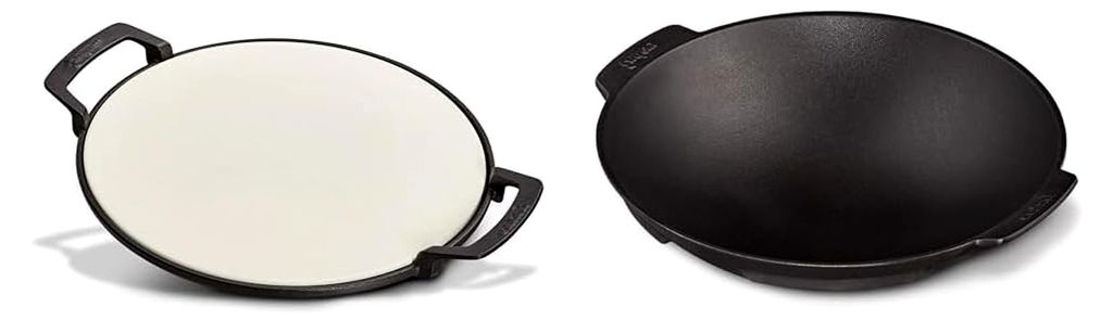Wok schwarz aus massivem, emailliertem Gusseisen und Pizzastein mit Halter aus Gusseisen