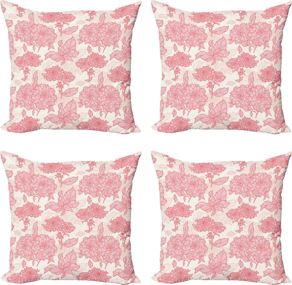ABAKUHAUS Blumen Kissenbezug Set (4 Stück), Rosa Blumen und Blätter, Moderner Doppelseitiger Digitaldruck, 50 cm x 50 cm, Rosa