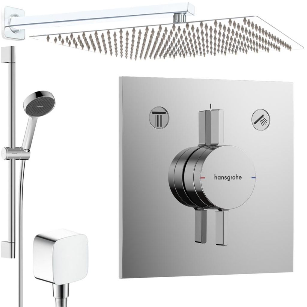 Hansgrohe und Jowi Unterputz Duschsystem, 650mm Brausestange, 360x360mm Kopfbrause, DuoTurn E Duscharmatur, OHNE iBox 2