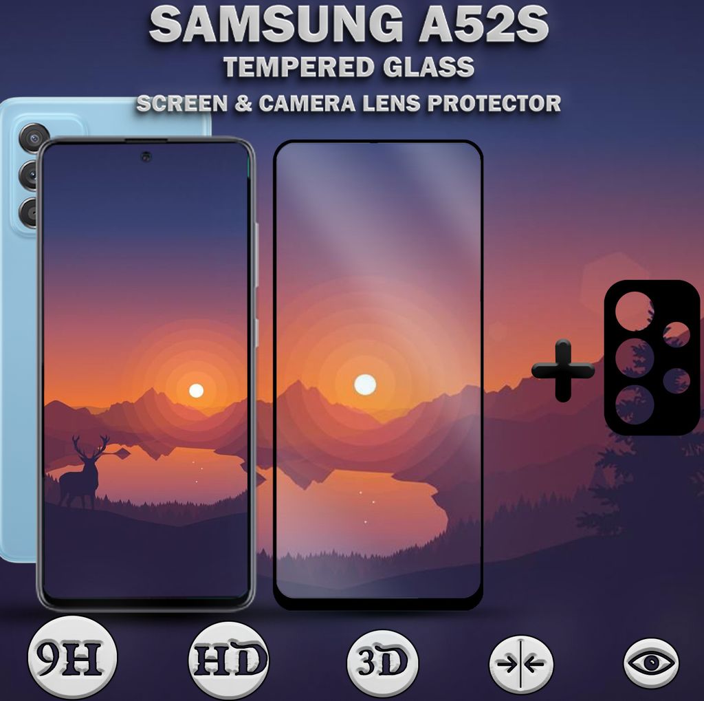 Samsung Galaxy A52S Displayschutzfolie und Objektivschutz aus gehärtetem Glas 9H