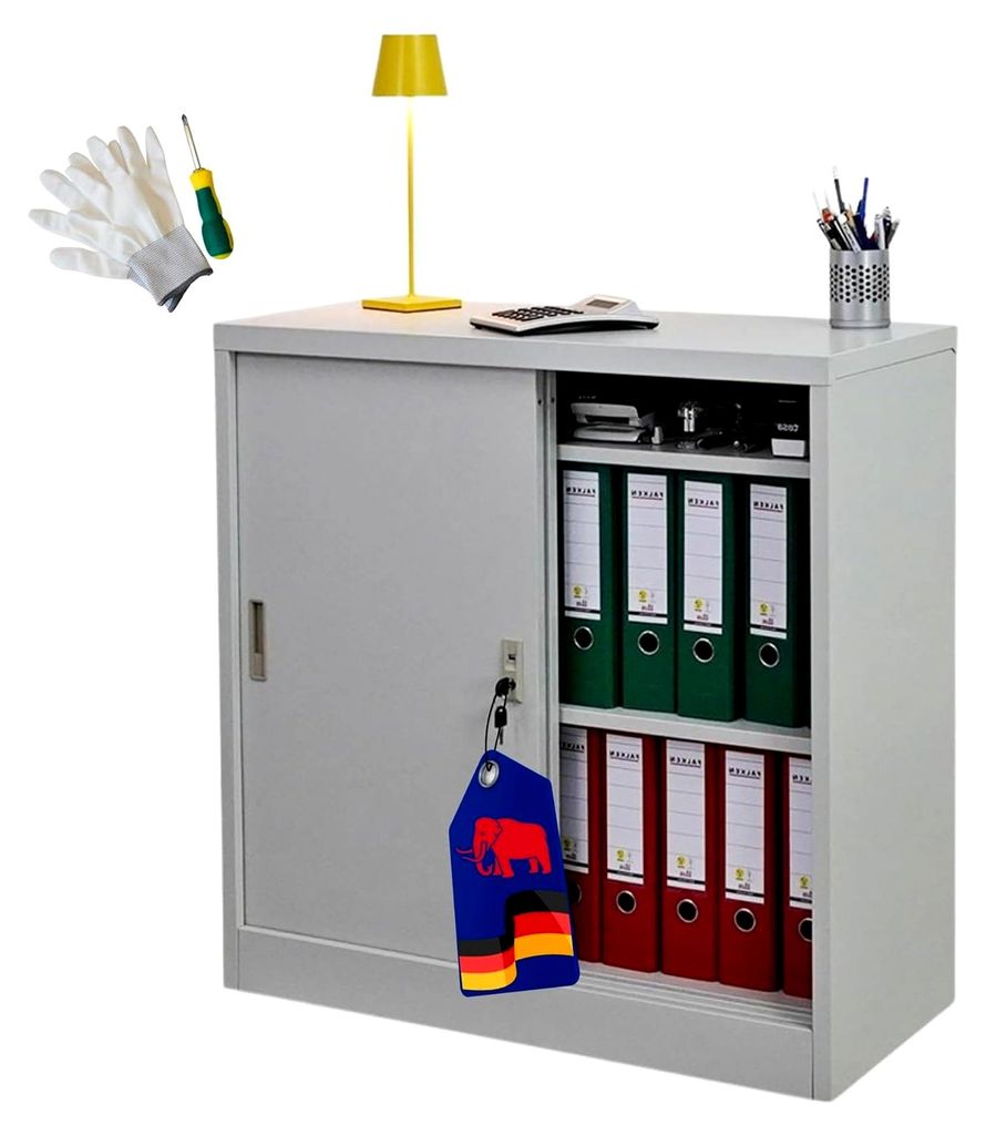 Aktenschrank Elephant mit abschließbaren Schiebetüren | HxBxT 90x90x40cm | 2 Fachböden | Lichtgrau | Metallschrank für die sichere Aufbewahrung