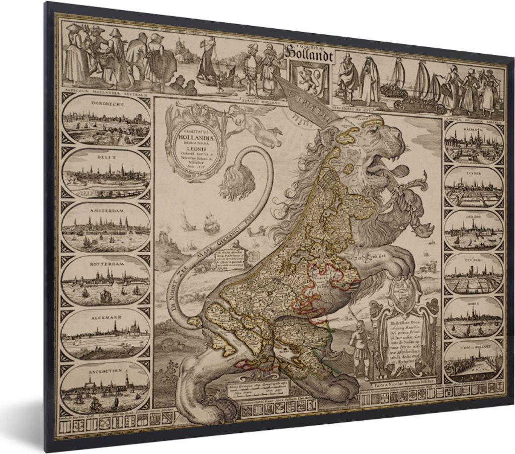 MuchoWow MuchoWow Gerahmtes Poster Karte der Niederlande in Form eines Löwen 40x30 cm - Poster mit zchwarzem Bilderrahmen - Kunstposter - Wand...