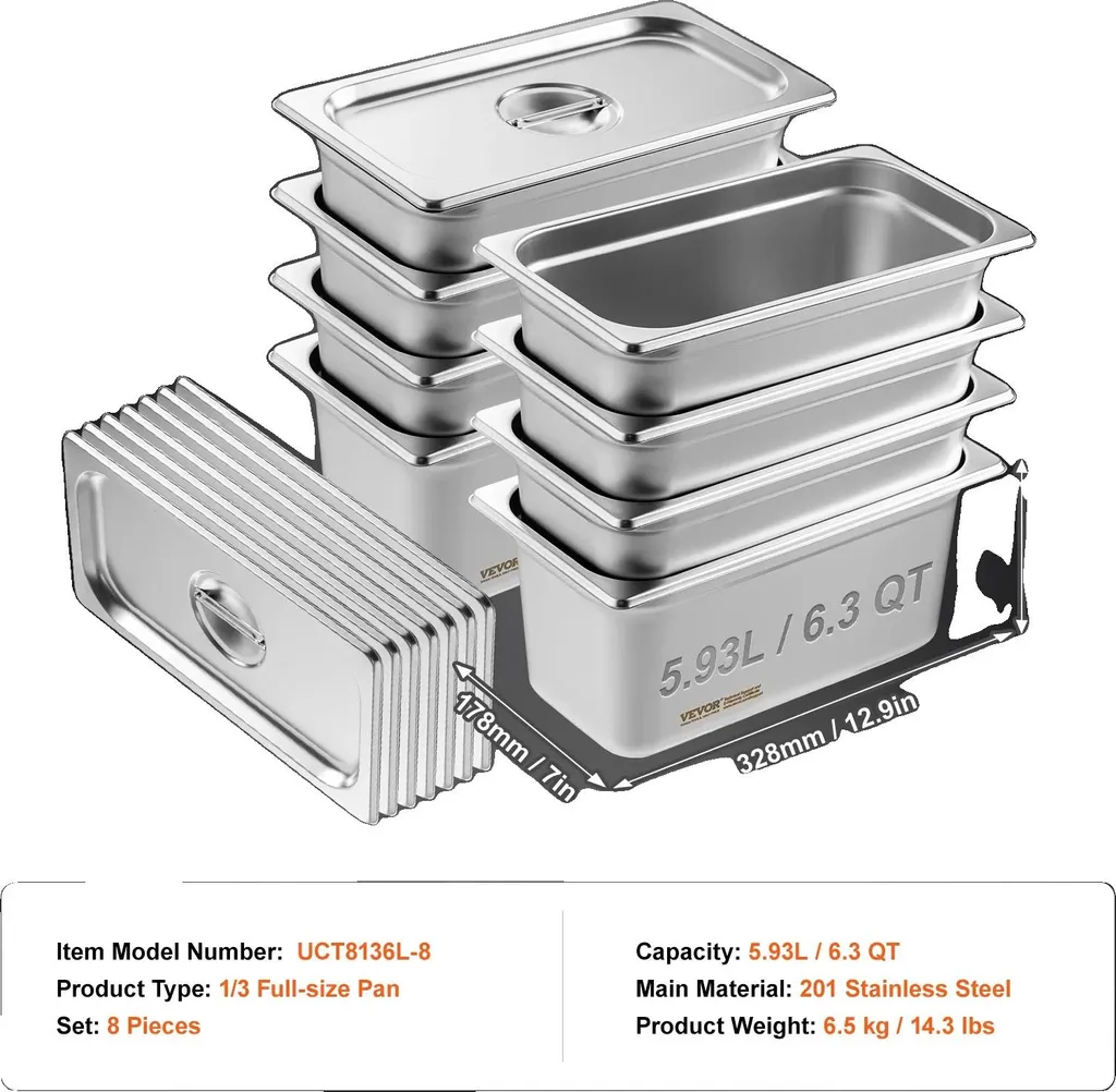 Bac gastronome 1/3 Inox Pro 150mm - Lot de 8 Gastro Norm standard