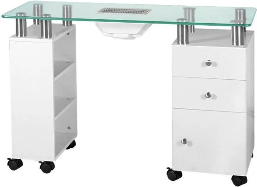 Table cosmétique 013b blanc en verre : stop à la poussière d'ongles