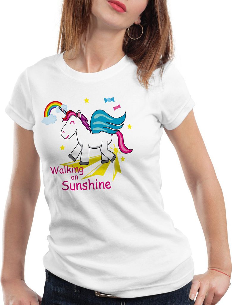 style3 Unicorn Walking on Sunshine Damen T-Shirt Einhorn, Farbe:Weiß, Größe:M