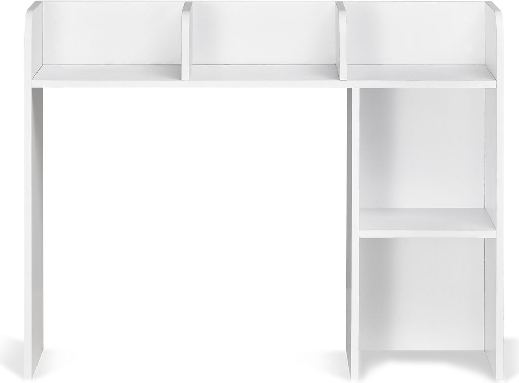 A white desk with shelves on a white background.