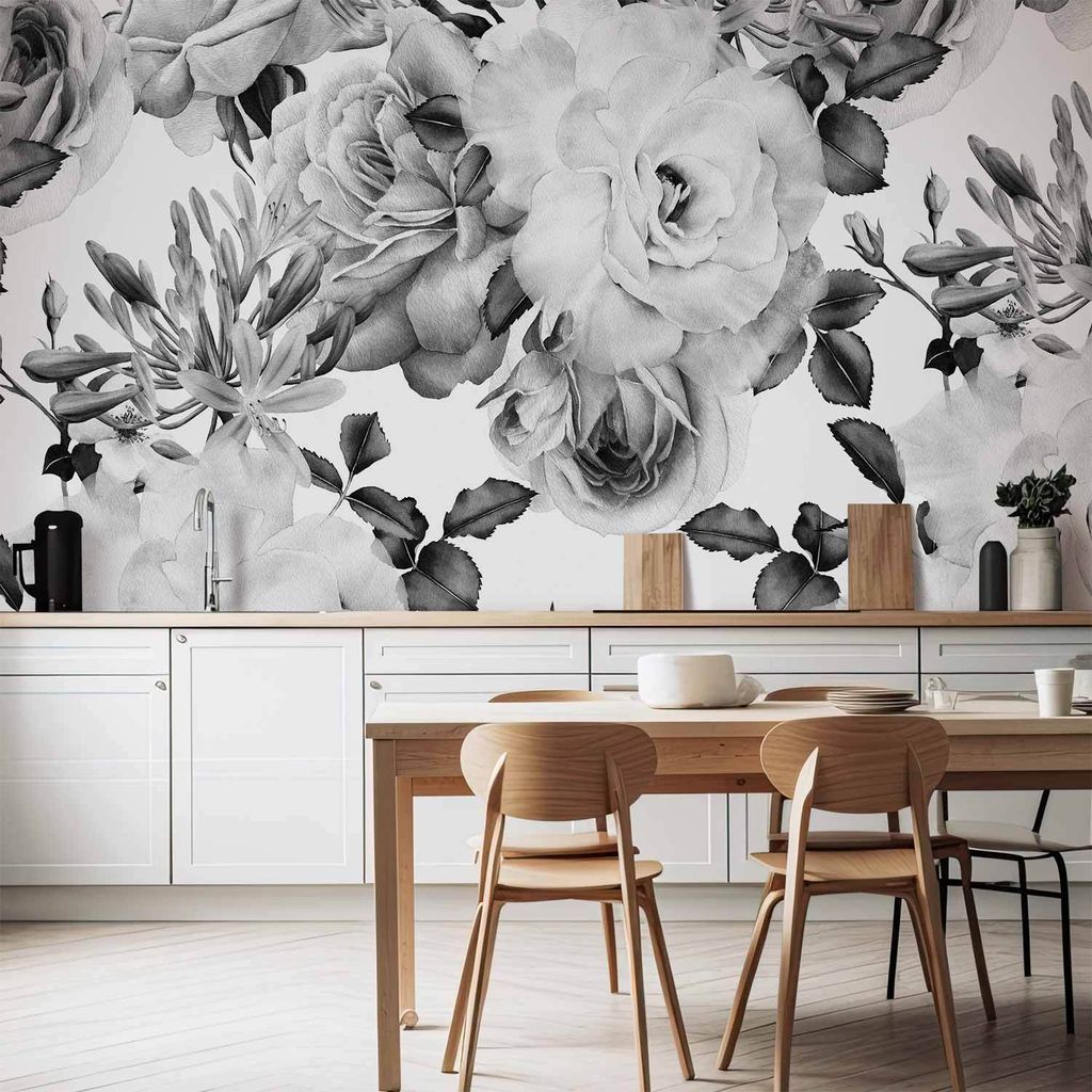 Vlies Fototapete - Sentimental Garden (Black and White) 450x315 cm Blumen b-B-0379-a-b