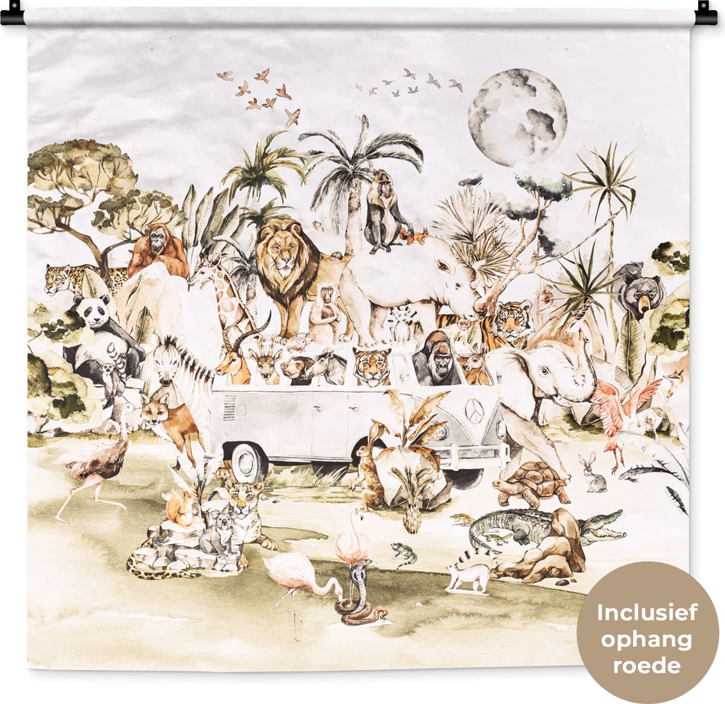 MuchoWow Wandteppich Wandbehang Bus - Tiere - Kinder - Jungen - Mädchen - Palme 90x90 cm Tapisserie Dekoration Wandtuch - Wandaufhänger