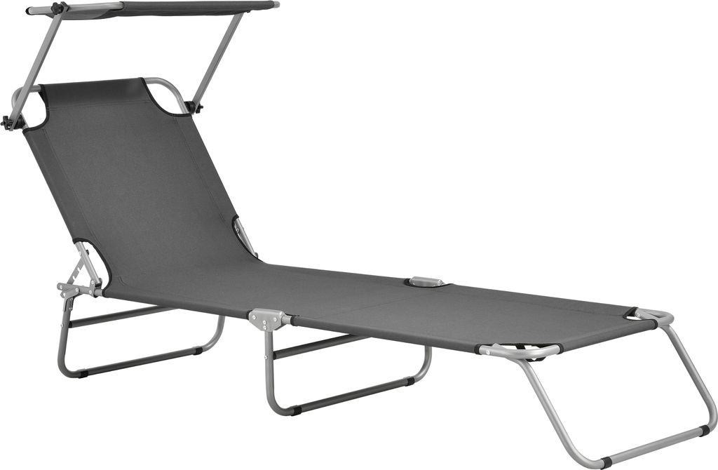 A dark gray chaise lounge with a sunshade, shown against a white background.
