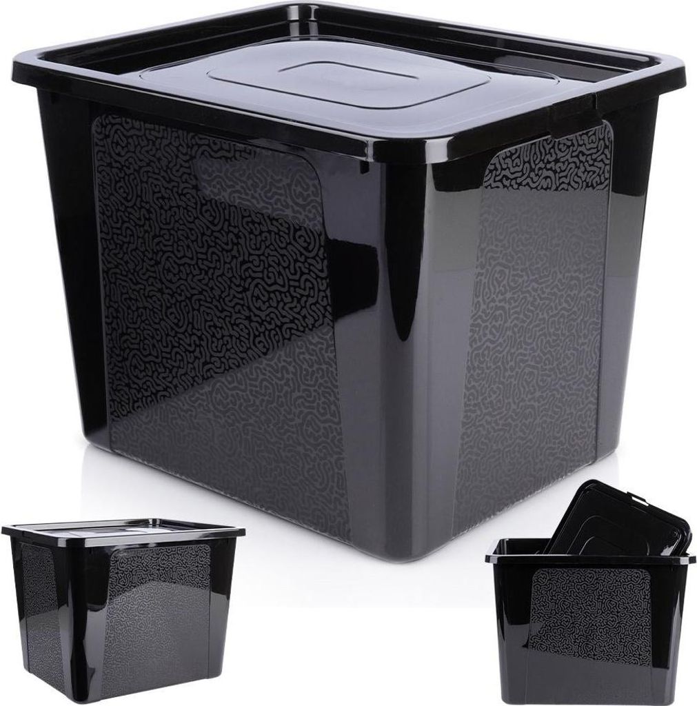 A black storage container with a textured pattern on the sides and a lid.