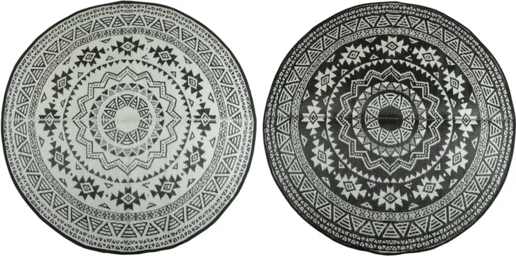 Tapis de Jardin Rond 180 cm Réversible en Noir et Blanc pour Terrasse