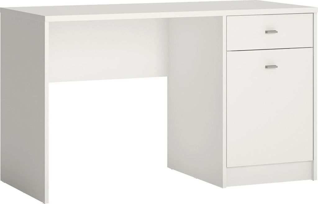 A white desk with a drawer and a cabinet on a white background.