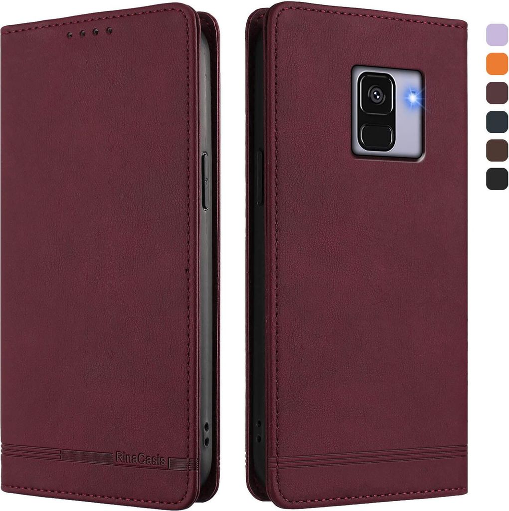 Hülle für Samsung Galaxy A8 2018, Retro Kunstleder Ständer Klapphülle mit Kartenfächer und Magnetische Rot
