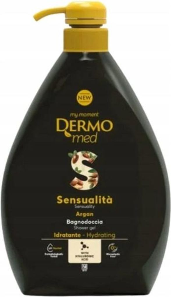 A black bottle of shower gel with a yellow pump dispenser.