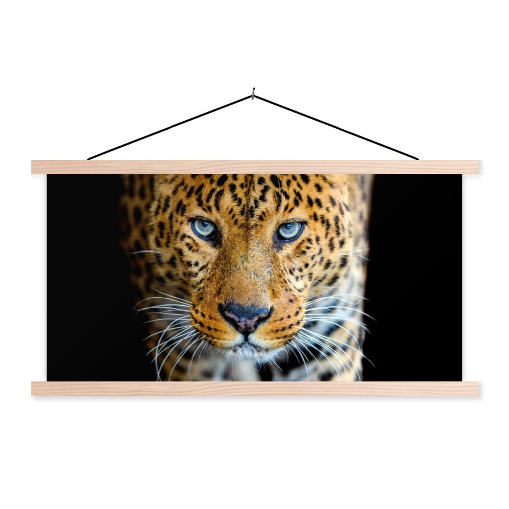 MuchoWow Textilposter Leopard - Tiere - Porträt - Wildtiere - Schwarz 60x30 cm mit holzfarbenen Rahmen - Dekoration