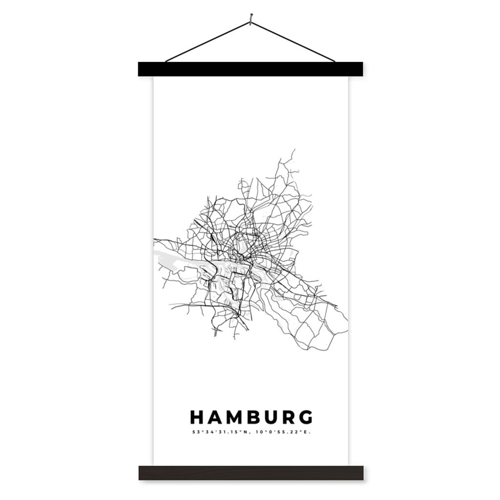 MuchoWow Textilposter Schwarz und weiß - Deutschland - Karte - Stadtplan - Hamburg 40x80 cm mit schwarzem Rahmen - Wandemalerei