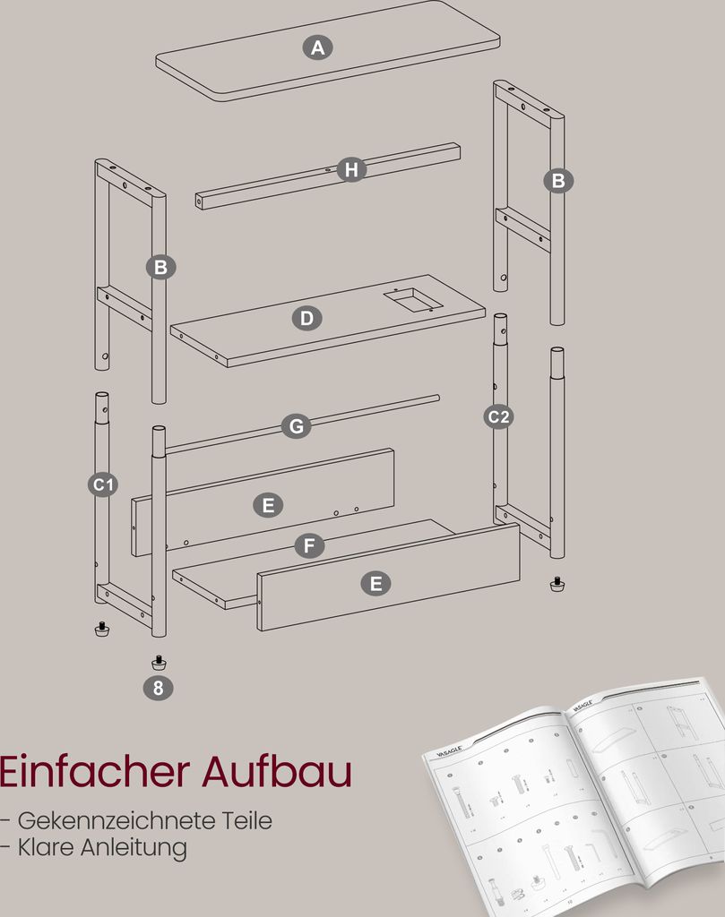 An exploded view diagram of a narrow side table with three shelves and a magazine rack, showing assembly parts labeled with letters and numbers.